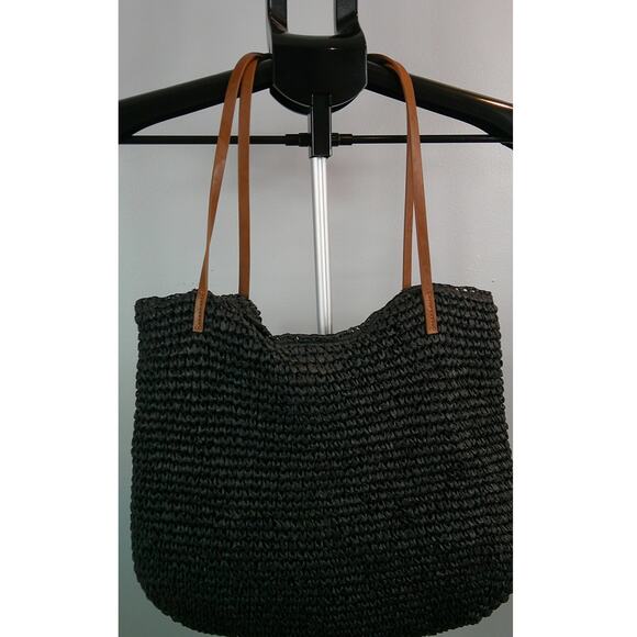 Studio Collection Raffia Black Straw Tote Bag with Brown Handles - Picture 3 of 5